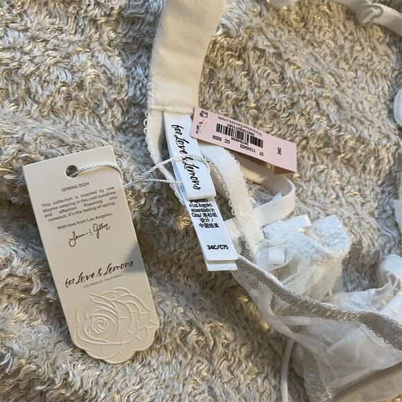 For Love & Lemons Amore Lace Bra 34C Ivory Heart Embroidered Mesh Bridal Wedding - Picture 9 of 11